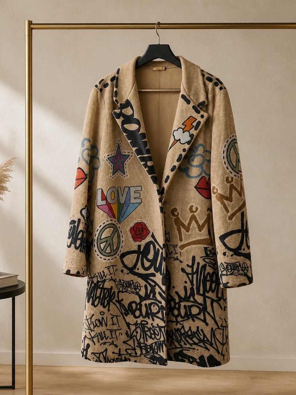 Graffiti-Detail Tan Trench Coat - Statement Outerwear